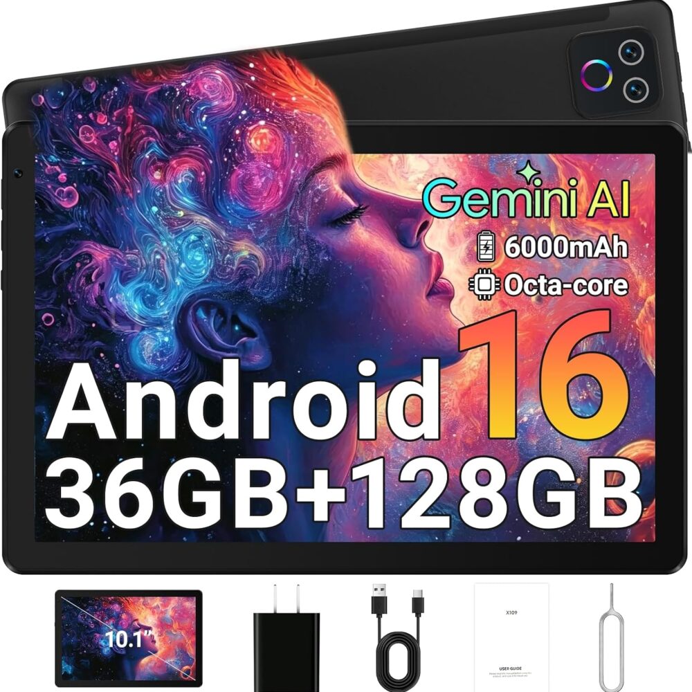 Gleeso Tablet, Android 16 Tablet, 36GB RAM 128GB ROM 1TB TF, 10 Inch Tablet, 8 core, 6000mAh Battery, Fast Charging, HD Display, Dual Camera, Face Unlock, Widevine L1, WiFi 6 BT5.4