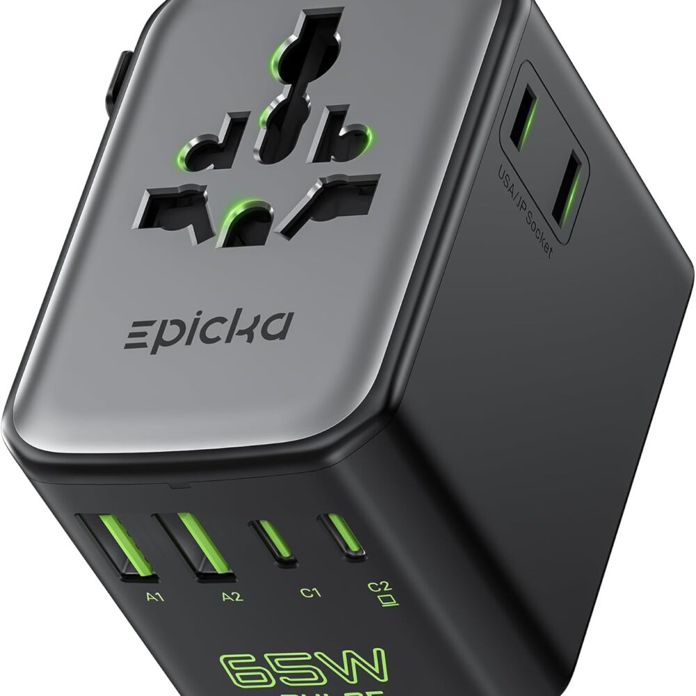 Epicka Pulse Duo 65W Universal Travel Adapter PD/QC 3.0, 2AC/2USB-C/2USB-A | International Power Adapter for EU/US/UK/AU, Fast-Charging for Multi-Device Use, Black
