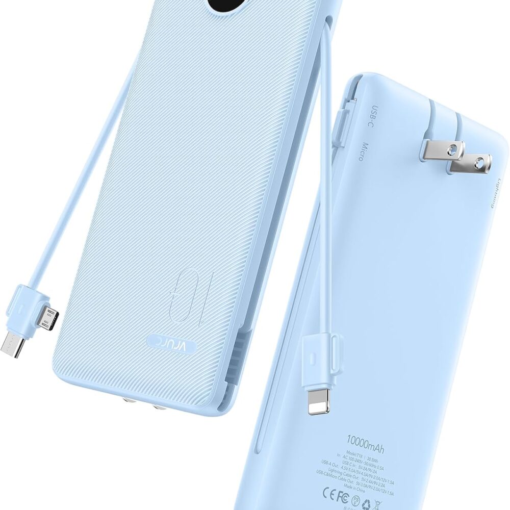VRURC 10000mAh Portable Charger with Built-in Cables and AC Plug, Blue | 22.5W fast charge, LED display, Micro, USB-C and Phone cables, 4 outputs, 8 oz, airline approved